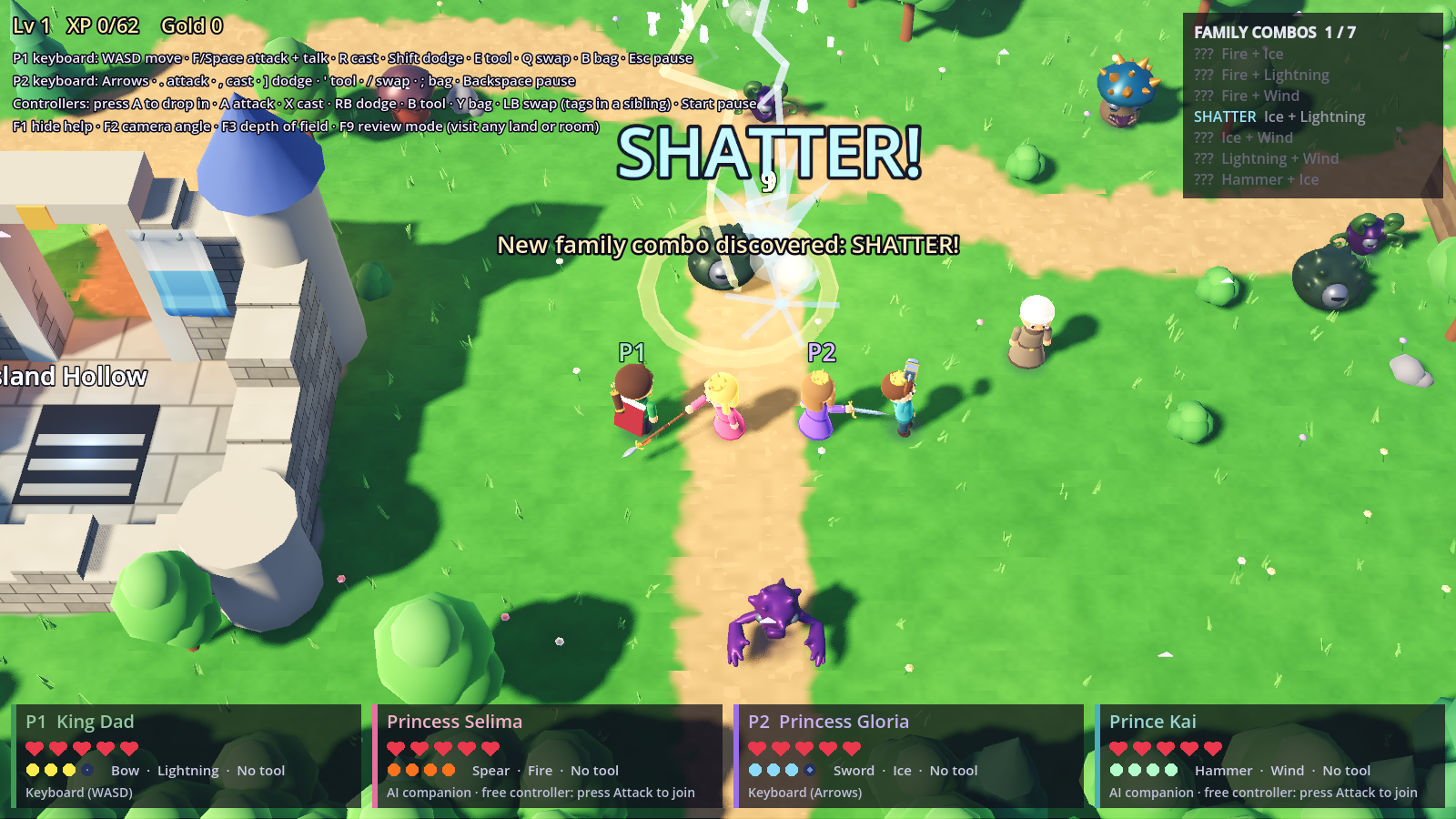 The family fighting monsters in the Grassland, with the castle behind them